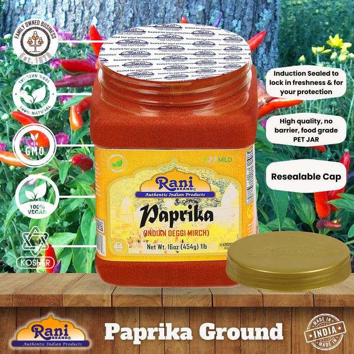 Rani Paprika (Deggi Mirch, Low Heat) Spice Powder, Ground 16oz (1lb) 454g PET Jar ~ All Natural, Salt-Free | Vegan | No Colors | Gluten Friendly | NON-GMO | Kosher | Indian Origin