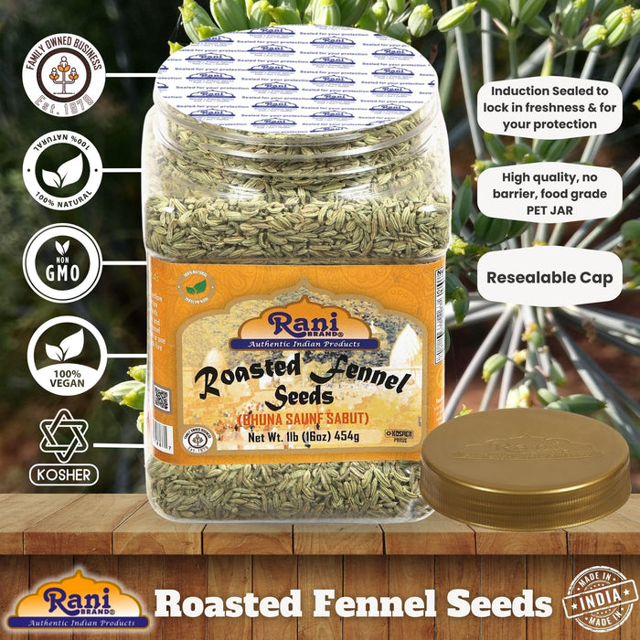 Rani Roasted Fennel Seeds (Bhuna Saunf Sabut) Whole Spice 16oz (1lb) 454g PET Jar ~ All Natural | Gluten Friendly | NON-GMO | Kosher | Vegan | Indian Origin