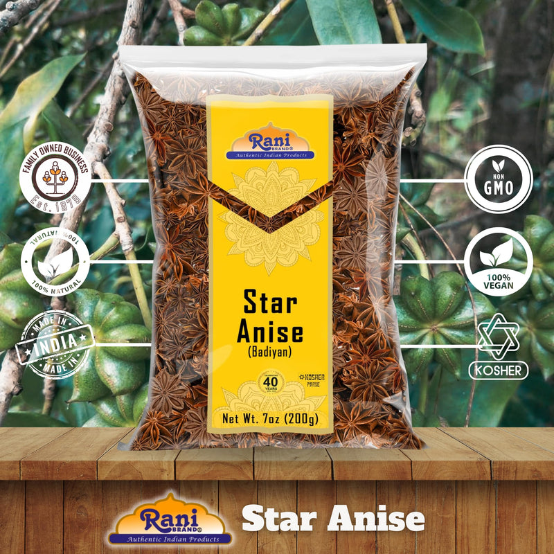 Rani Star Anise Seeds, Whole Pods (Badian Khatai) Spice 7oz (200g) ~ All Natural | Gluten Friendly | Kosher | Vegan | Whole Chinese Anise Star Sun Dried Spice, Anis Estrella / Illicium Verum, Widely Used for Baking, Drinks, Cooking, and Tea