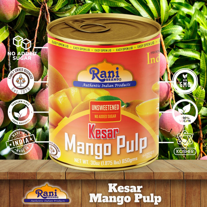 Rani Mango Pulp Puree (Makes Mango Lassi Shakes) Kesar Unsweetened 30oz (1.875lbs) 850g Pack of 6 ~ Kosher | All Natural | NON-GMO | Vegan | No colors | Gluten Friendly | Indian Origin