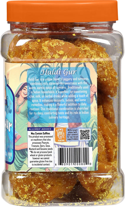 Rani Haldi Gur (Turmeric with Indian Jaggery) Indian Unrefined Raw Cane Sugar 17.5oz (1.1lbs) 500g PET Jar ~ Gluten Friendly | Vegan | NON-GMO | Kosher | No Salt or fillers | Indian Product