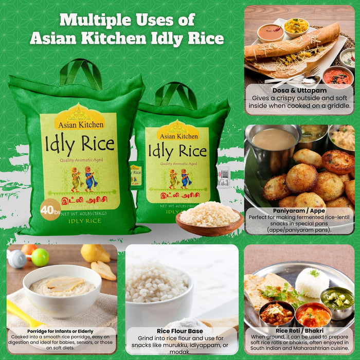 Asian Kitchen Idly (Idli) Rice 40-Pound Bag, 40lbs (18.14kg) Short Grain Rice ~ All Natural | Vegan | Indian Origin | Export Quality