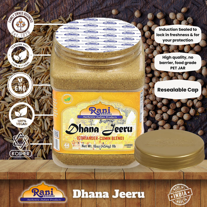 Rani Dhana-Jeeru (Coriander-Cumin Blend 50-50) Powder 16oz (1lb) 454g PET Jar ~ All Natural | Salt Free | Vegan | Gluten Friendly | NON-GMO | Kosher | Indian Origin