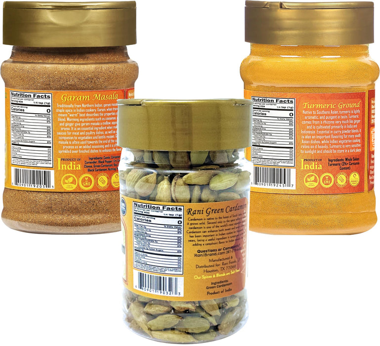 Rani Garam Masala 3oz (85g), Green Cardamom Pods 2oz (56g),Turmeric Powder 3oz (85g) PET Jar Combo Pack of 3 ~ All Natural | 100% Pure, Salt Free | Vegan | Gluten Friendly | NON-GMO | Indian Origin