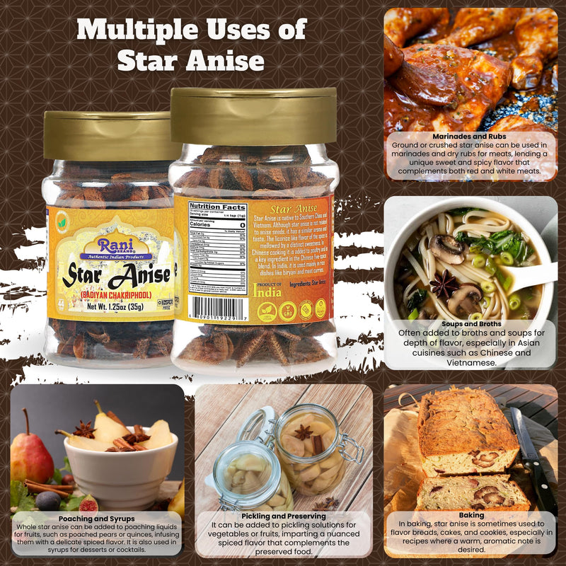 Rani Star Anise Seeds, Whole Pods (Badian Khatai) Spice 1.25oz (35g) PET Jar ~ All Natural | Gluten Friendly | Kosher | Vegan | Whole Chinese Anise Star Sun Dried Spice, Anis Estrella / Illicium Verum, Widely Used for Baking, Drinks, Cooking, and Tea