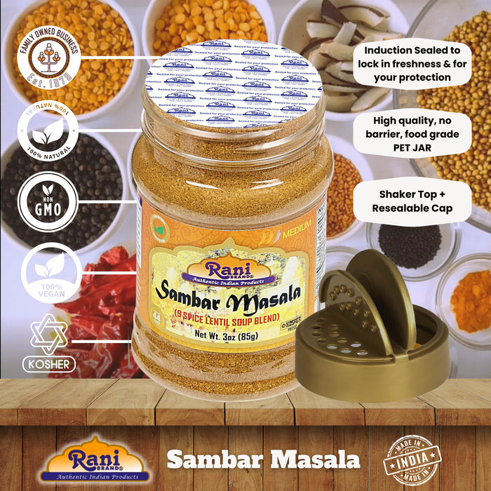 Rani Sambar Masala (Lentil Soup Spice Blend) 3oz (85g) PET Jar ~ Natural | Vegan | No Colors | Gluten Friendly | NON-GMO | Kosher | Indian Origin