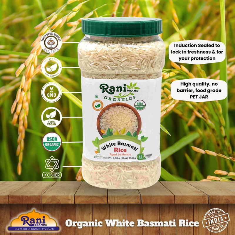 Rani Organic Platinum White Basmati Rice Extra Long Aged 56oz (3.5lbs) 1.59kg PET Jar ~ All Natural | Gluten Friendly | Vegan | Indian Origin | Kosher | Export Quality | USDA Certified Organic
