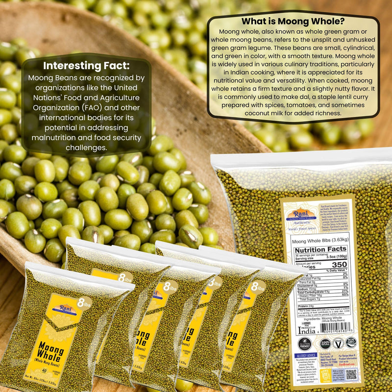 Rani Moong Whole (Ideal for cooking & sprouting, Whole Mung Beans w/ skin) Lentils Indian 128oz (8lbs) x Pack of 5 (Total 40lbs) Bulk ~ All Natural | Gluten Friendly | Non-GMO | Kosher | Vegan | Indian Origin