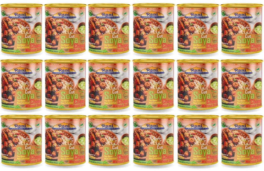 Rani Cut Soya Chaap Whitout Stick (Plant Based Protein) 30oz (1.875lbs) 850g Pack of 18 ~ Easy Open Lid | All Natural | Vegan | No Colors | NON-GMO | Kosher | Indian Origin | Soy Based Meat Substitute