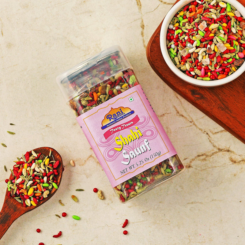 Rani Shahi Saunf 5.25oz (150g) Vacuum Sealed, Easy Open Top, Resealable Container ~ Indian Tasty Treats | Vegan | Gluten Friendly | NON-GMO | Indian Origin