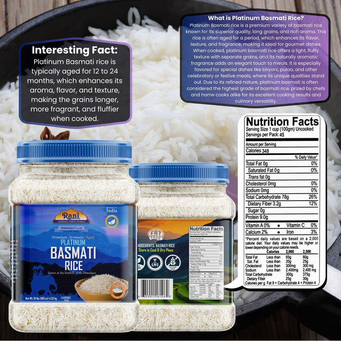 Rani Platinum White Basmati Rice Extra Long Aged 160oz (10lbs) 4.53kg PET Jar ~ All Natural | Gluten Friendly | Vegan | Indian Origin | Kosher | Export Quality