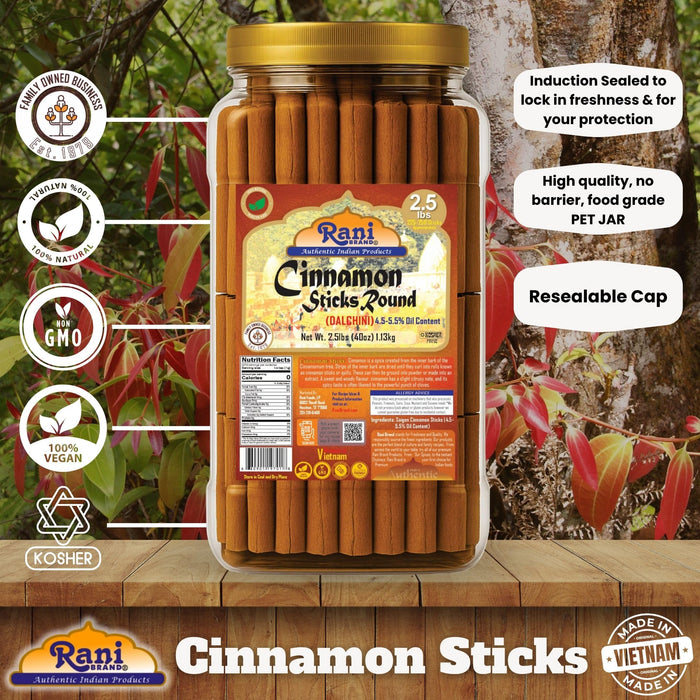 Rani Cinnamon Sticks 40oz (2.5lbs) 1.13kg Bulk PET Jar - 220 -250 Sticks - Strong Aroma, Perfect for Baking, Cooking & Beverages | 3+ Inches Length - Cassia Saigon Cinnamon from Vietnam | Kosher