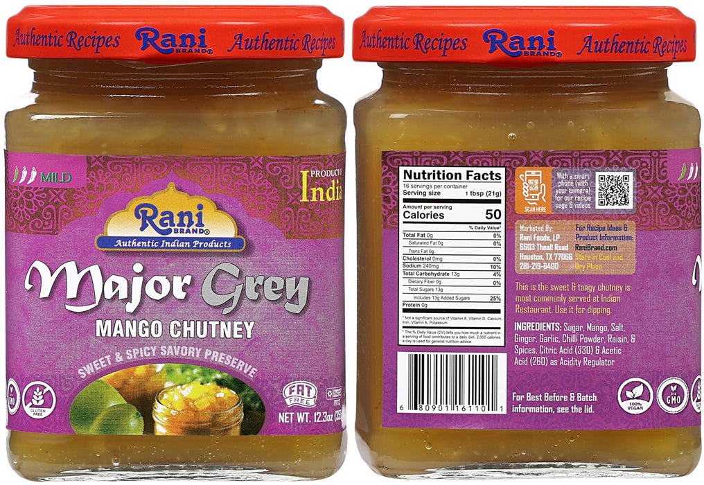 Rani 3-in-1 Mango Chutney (Hot, Sweet, Major Grey) 12.3oz (350g) Glass Jar, Ready to eat, Vegan ~ Gluten Free, All Natural, NON-GMO, Kosher