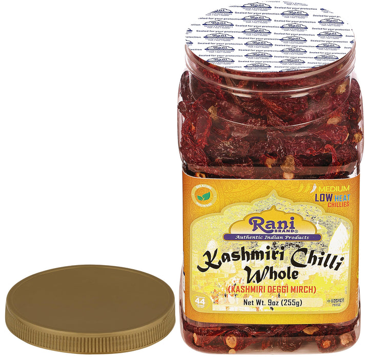 Rani Kashmiri Chilli Whole Stemless (Deggi Mirch, Low Heat) 9oz (255g) PET Jar ~ Natural | Salt-Free | Vegan | No Colors | Gluten Friendly | NON-GMO | Kosher | Indian Origin
