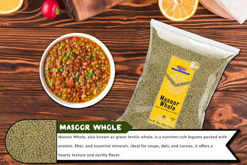 Rani Masoor Whole (Green Lentils Whole With Skin) 128oz (8lbs) 3.63kg Bulk ~ All Natural | Vegan | Gluten Friendly | Non-GMO | Kosher | Product of USA