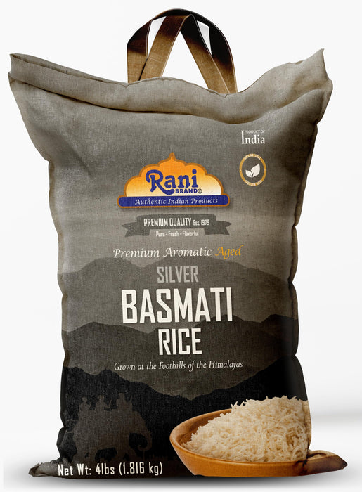 Rani Silver White Basmati Rice Extra Long Aged 4-Pound Bag, 4lbs (64oz) 1.81kg ~ All Natural | Gluten Friendly | Vegan | Indian Origin | Kosher | Export Quality