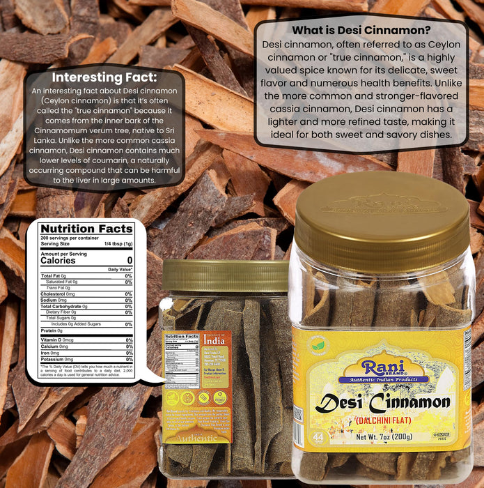 Rani Desi (Dalchini) Flat Cinnamon 7oz (200g) ~ PET Jar, Natural | Vegan | Gluten Friendly | NON-GMO | Kosher | Indian Origin