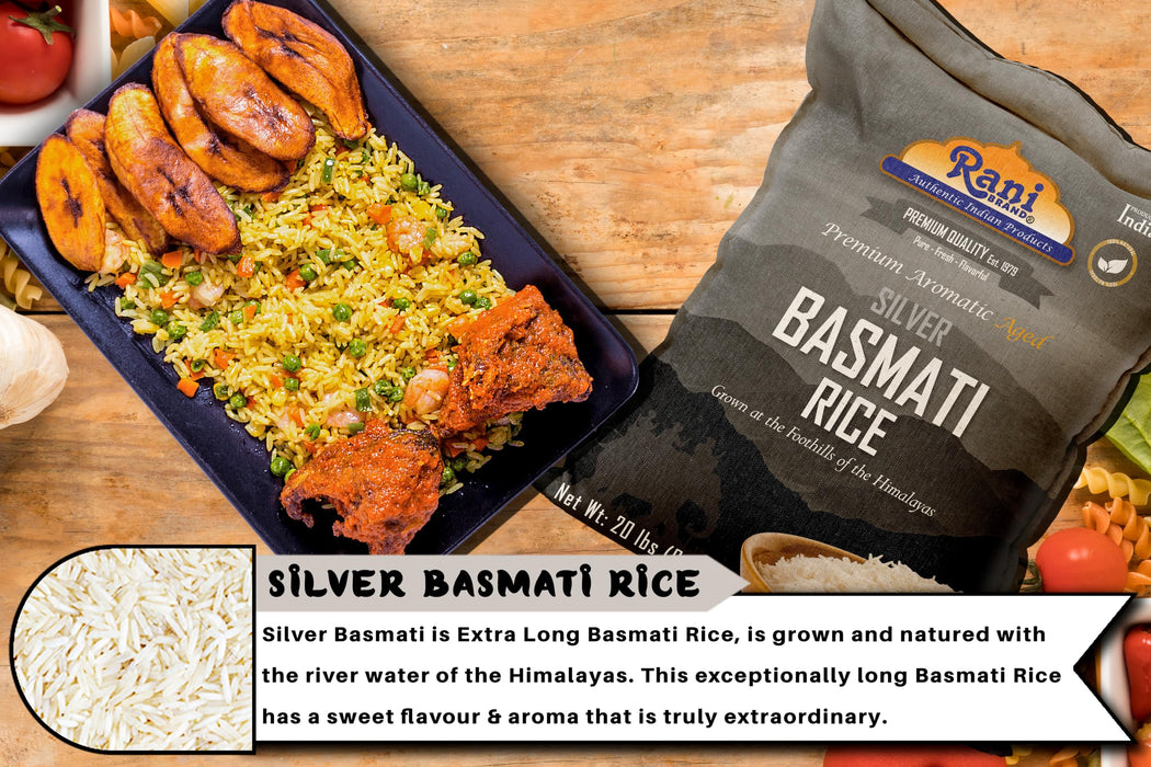 Rani Silver White Basmati Rice Extra Long Aged 20-Pound Bag, 320oz (20lbs) 9.08kg ~ All Natural | Gluten Friendly | Vegan | Indian Origin | Kosher | Export Quality