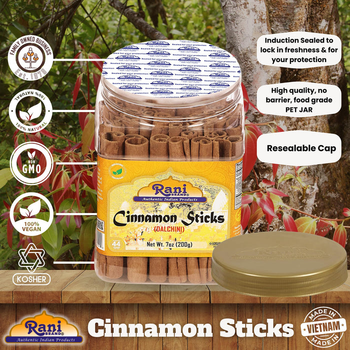 Rani Cinnamon Sticks 7oz (200g) PET Jar - 36-44 Sticks - Strong Aroma, Perfect for Baking, Cooking & Beverages | 3+ Inches Length - Cassia Saigon Cinnamon from Vietnam | Kosher