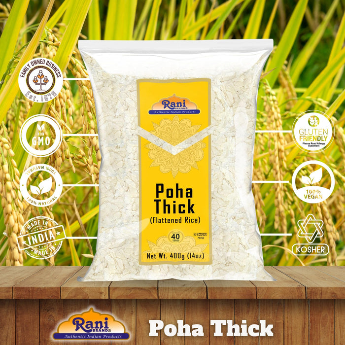 Rani Poha (Powa) Thick Medium-Cut (Flattened Rice) 14oz (400g) ~ All Natural, Salt-Free | Vegan | Kosher | No Colors | Gluten Friendly | Indian Origin