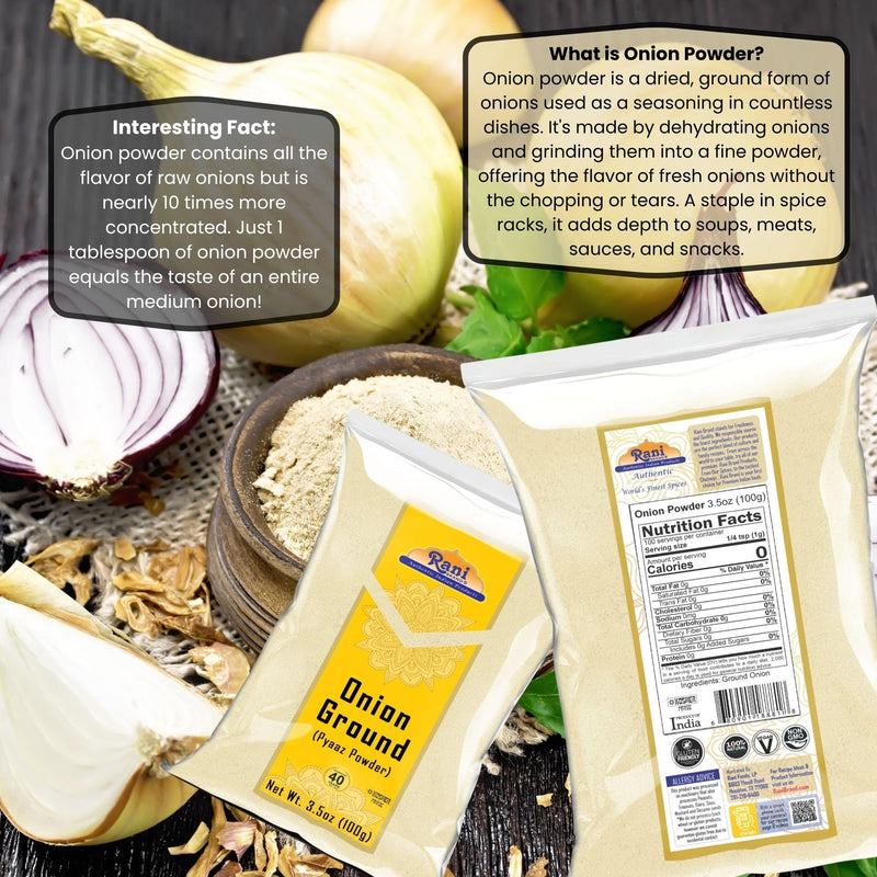 Rani Onion Powder (Pyaaz Powder) 3.5oz (100g) ~ All Natural | Gluten Friendly | Vegan | NON-GMO | Kosher | No Salt or fillers | Indian Origin