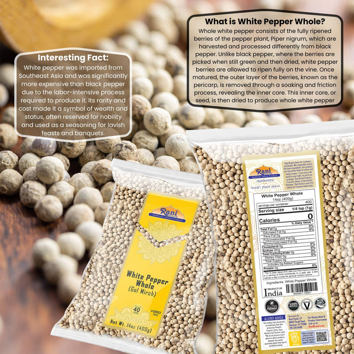 Rani White Pepper (Gol Mirch), Whole Spice 14oz (400g) ~ All Natural | Vegan | Gluten Friendly| NON-GMO | Indian Origin