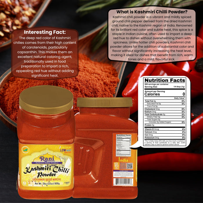 Rani Kashmiri Chilli Powder (Deggi Mirch, Low Heat) Ground Indian Spice 32oz (2lbs) 908g PET Jar ~ All Natural | Salt-Free | Vegan | Kosher | No Colors | Perfect for Deviled Eggs & Other Low Heat Dishes