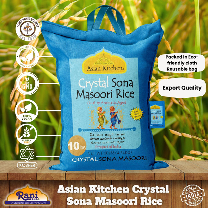 Asian Kitchen Crystal Sona Masoori Aged Rice 10lbs (4.54kg) Short Grain Rice ~ All Natural | Gluten Friendly | Vegan | Kosher | Indian Origin | Export Quality