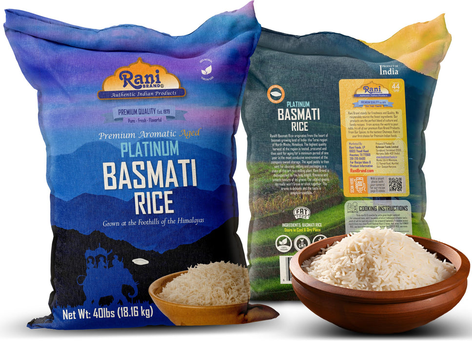 Rani Platinum White Basmati Rice Extra Long Aged 40-Pound Bag, 640oz (40lbs) 18.16kg ~ All Natural | Gluten Friendly | Vegan | Indian Origin | Kosher | Export Quality