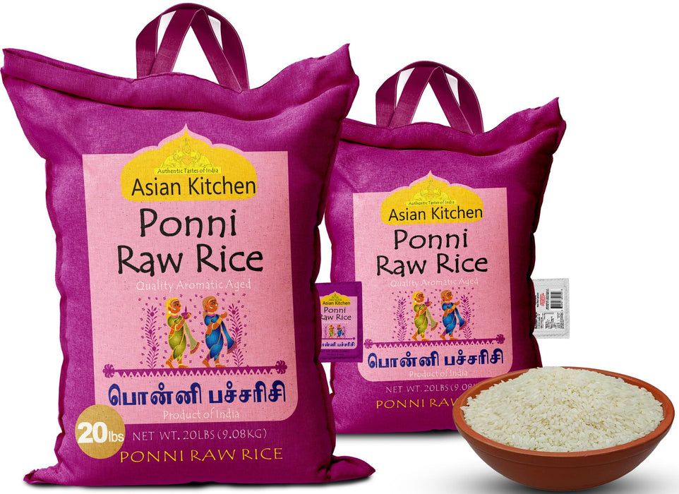 Asian Kitchen Ponni Raw Rice 20-Pound Bag, 20lbs (9.08kg) Short Grain Rice ~ All Natural | Gluten Friendly | Vegan | Indian Origin | Export Quality