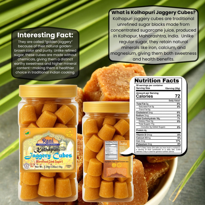 Rani Kolhapuri Jaggery Cubes (Unrefined Cane Sugar) 35oz (2.2bs) 1kg PET Jar ~ All Natural, No Color added, Gluten Friendly | Vegan | NON-GMO | Kosher | No Salt or fillers