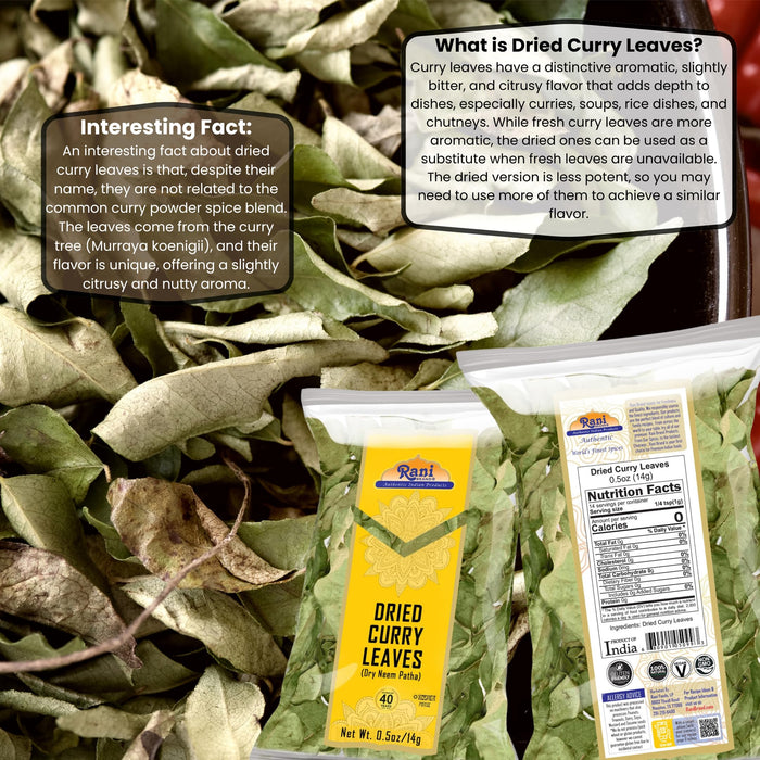 Rani Dried Curry Whole Leaves (Kari Neem Patha) 0.5oz (14g) All Natural | Vegan | Gluten Friendly | NON-GMO | Kosher | Product of USA