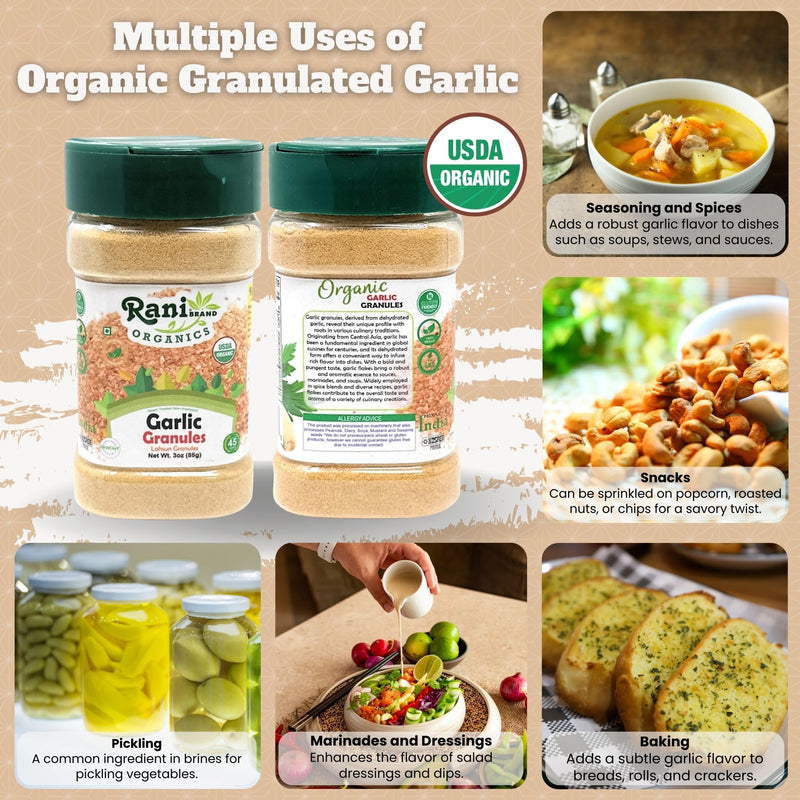 Rani Organic Granulated Garlic (Lahsun Granules) 3oz (85g) PET Jar ~ All Natural | Gluten Friendly | Vegan | NON-GMO | Kosher | No Salt or fillers | Product of USA | USDA Certified Organic