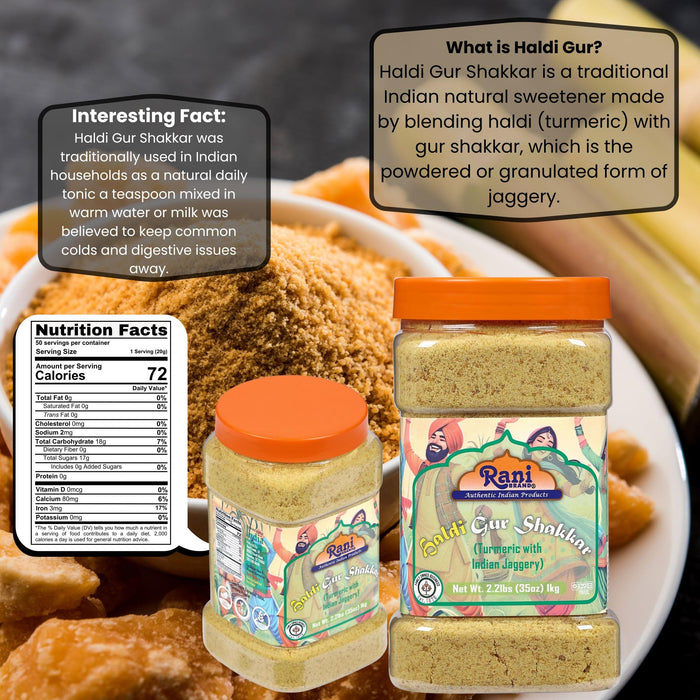 Rani Haldi Gur Shakkar (Turmeric with Indian Jaggery) Indian Unrefined Raw Cane Sugar 35oz (2.2lbs) 1kg PET Jar ~ Gluten Friendly | Vegan | NON-GMO | Kosher | No Salt or fillers | Indian Product