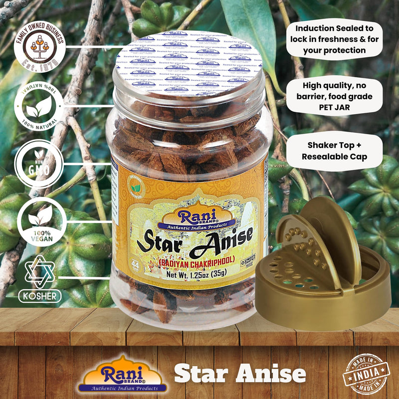 Rani Star Anise Seeds, Whole Pods (Badian Khatai) Spice 1.25oz (35g) PET Jar ~ All Natural | Gluten Friendly | Kosher | Vegan | Whole Chinese Anise Star Sun Dried Spice, Anis Estrella / Illicium Verum, Widely Used for Baking, Drinks, Cooking, and Tea