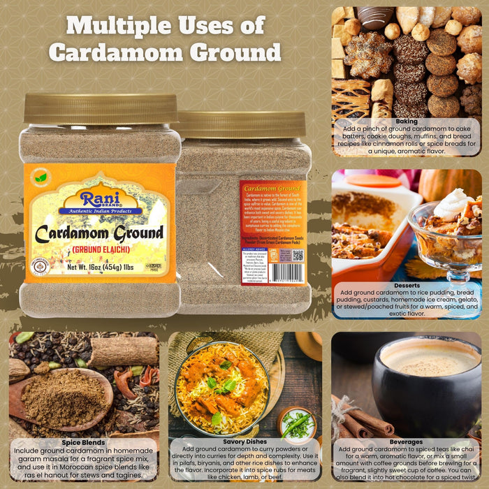 Rani Cardamom (Elachi) Ground, Powder Indian Spice 16oz (1lb) 454g PET Jar ~ All Natural | No Color Added | Gluten Friendly | Vegan | NON-GMO | Kosher | No Salt or Fillers