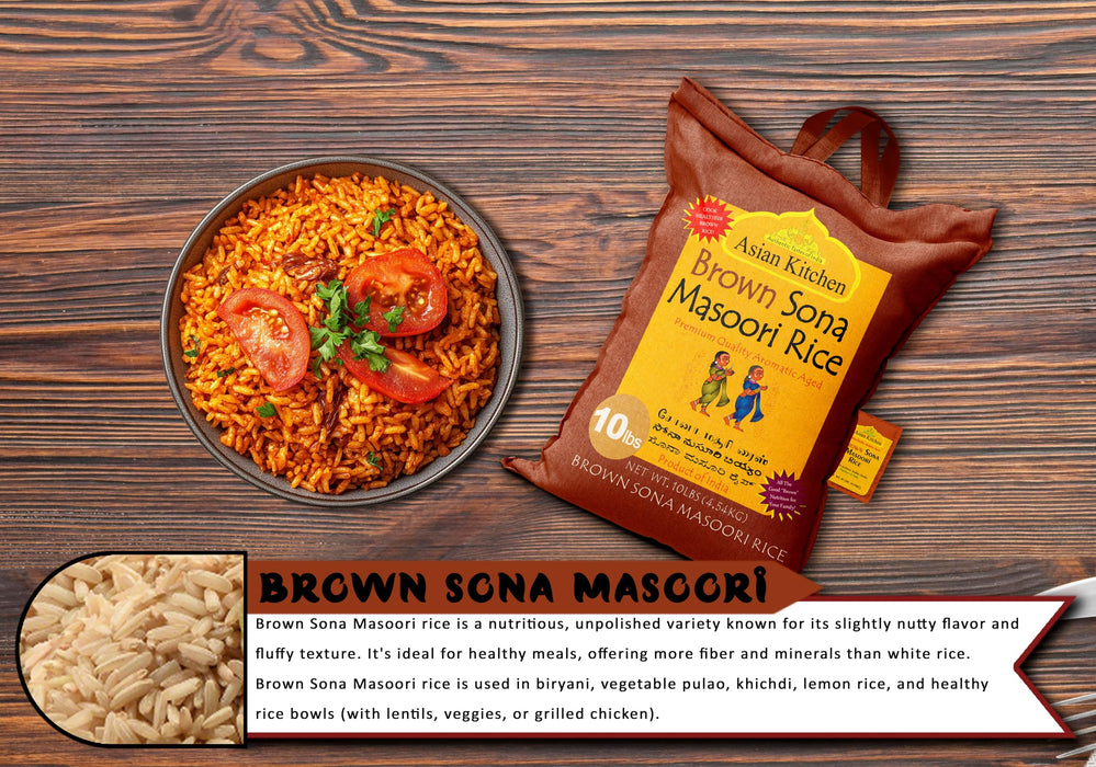 Asian Kitchen Brown Sona Masoori Aged Rice 10lbs (4.54kg) Short Grain Rice ~ All Natural | Gluten Friendly | Vegan | Kosher | Indian Origin | Export Quality