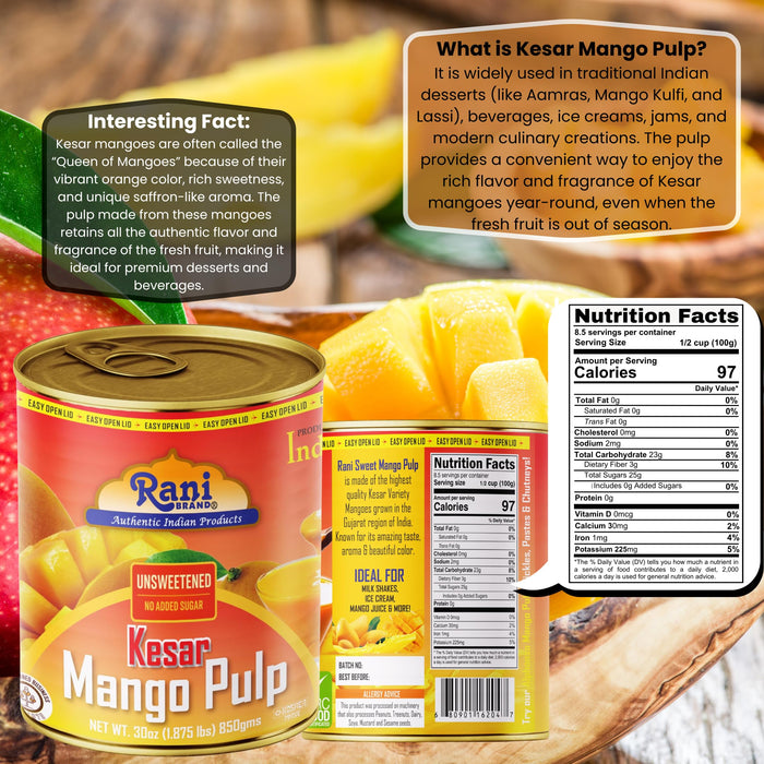 Rani Mango Pulp Puree (Makes Mango Lassi Shakes) Kesar Unsweetened 30oz (1.875lbs) 850g Pack of 18 ~ Kosher | All Natural | NON-GMO | Vegan | No colors | Gluten Friendly | Indian Origin