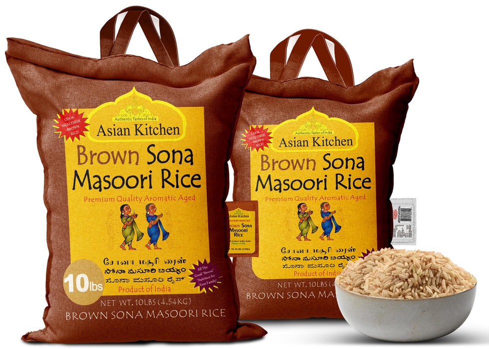Asian Kitchen Brown Sona Masoori Aged Rice 10lbs (4.54kg) Short Grain Rice ~ All Natural | Gluten Friendly | Vegan | Kosher | Indian Origin | Export Quality