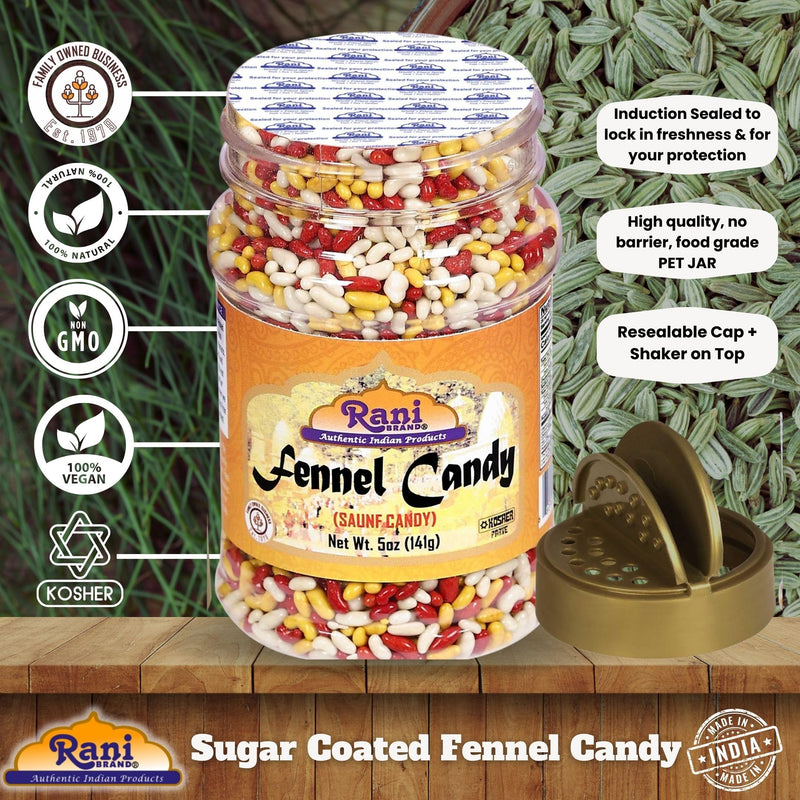 Rani Sugar Coated Fennel Candy 5oz (141g) PET Jar ~ Indian After Meal Digestive Treat | Vegan | Gluten Friendly | NON-GMO | Kosher | Indian Origin
