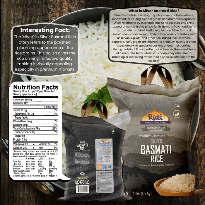 Rani Silver White Basmati Rice Extra Long Aged 10-Pound Bag, 160oz (10lbs) 4.53kg ~ All Natural | Gluten Friendly | Vegan | Indian Origin | Kosher | Export Quality