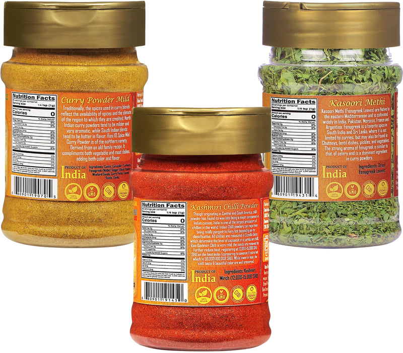 Rani Curry Powder Mild 3oz (85g), Kashmiri Chilli Powder 3oz (85g), Kasoori Methi 1oz (28g) PET Jar Combo Pack of 3 ~ All Natural | Vegan | Gluten Friendly | NON-GMO | Indian Origin