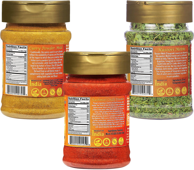 Rani Curry Powder Mild 3oz (85g), Kashmiri Chilli Powder 3oz (85g), Kasoori Methi 1oz (28g) PET Jar Combo Pack of 3 ~ All Natural | Vegan | Gluten Friendly | NON-GMO | Indian Origin