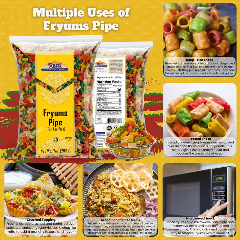 Rani Far Far / Fryums (Wheat & Tapioca Pellet) Round/Pipe Shape 7oz (200g) ~ Vegan, Kosher, Uncooked, Used to Make Papad, Bhungra / Chip Snack