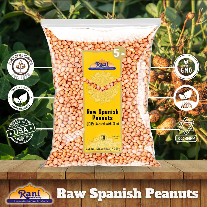 Rani Raw Spanish Peanuts 100% Natural with Skin (uncooked, unsalted) 80oz (5lbs) 2.27kg Bulk ~ Vegan | Gluten Friendly | Fresh Product of USA | Kosher | Red-brown Skin