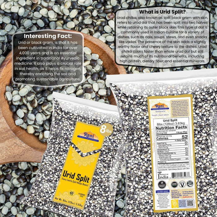 Rani Urid/Urad Split (Split Matpe Beans with Skin) Indian Lentils 128oz (8lbs) 3.63kg Bulk ~ All Natural | Gluten Friendly | NON-GMO | Kosher | Vegan | Indian Origin