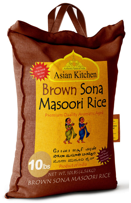 Asian Kitchen Brown Sona Masoori Aged Rice 10lbs (4.54kg) Short Grain Rice ~ All Natural | Gluten Friendly | Vegan | Kosher | Indian Origin | Export Quality