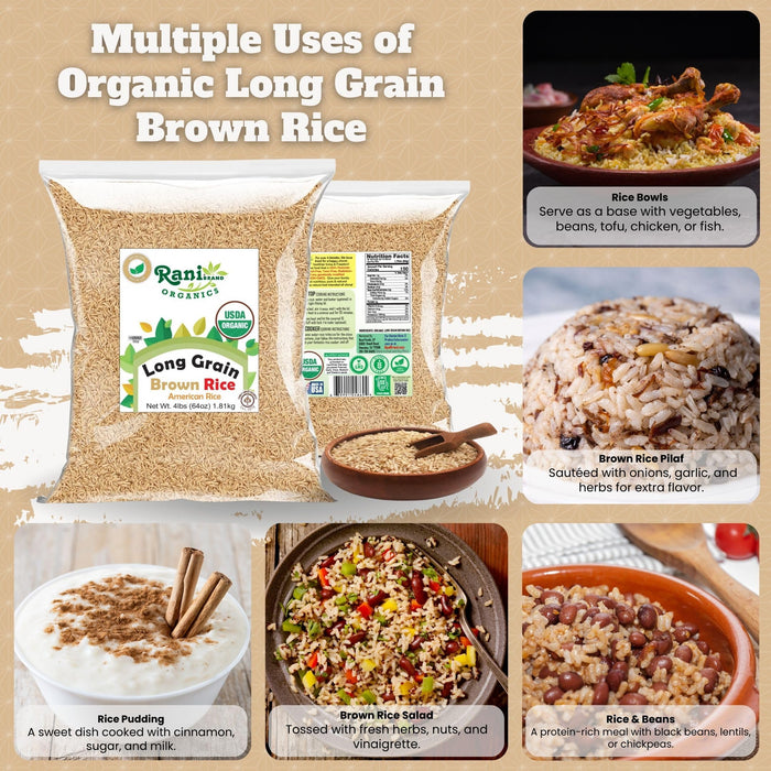 Rani Organic Long Grain Brown Rice 64oz (4lbs) 1.81kg Bulk  ~ All Natural | Gluten Friendly | Vegan | Non-GMO | Kosher | Product of USA | USDA Certified Organic