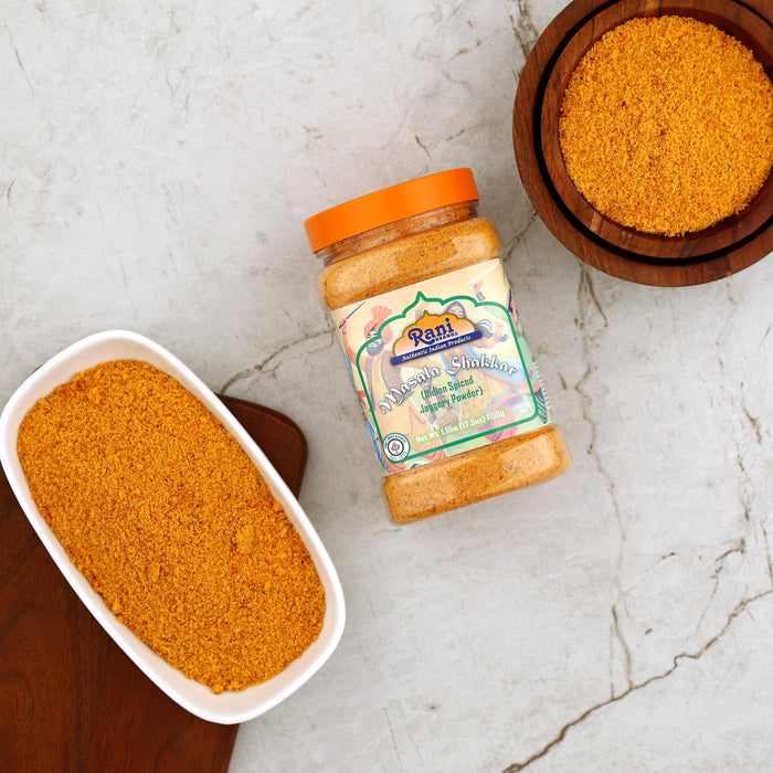 Rani Masala Shakkar (Indian Spiced Jaggery Powder) Unrefined Raw Cane Sugar 17.5oz (1.1lbs) 500g PET Jar ~ Gluten Friendly | Vegan | NON-GMO | Kosher | No Salt or fillers | Indian Product