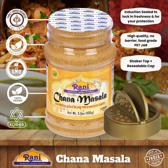 Rani Chana Masala (Garbanzo Curry 15-Spice Blend) 3.5oz (100g) PET Jar ~ All Natural | Vegan | No Colors | Gluten Friendly | NON-GMO | Kosher | Indian Origin